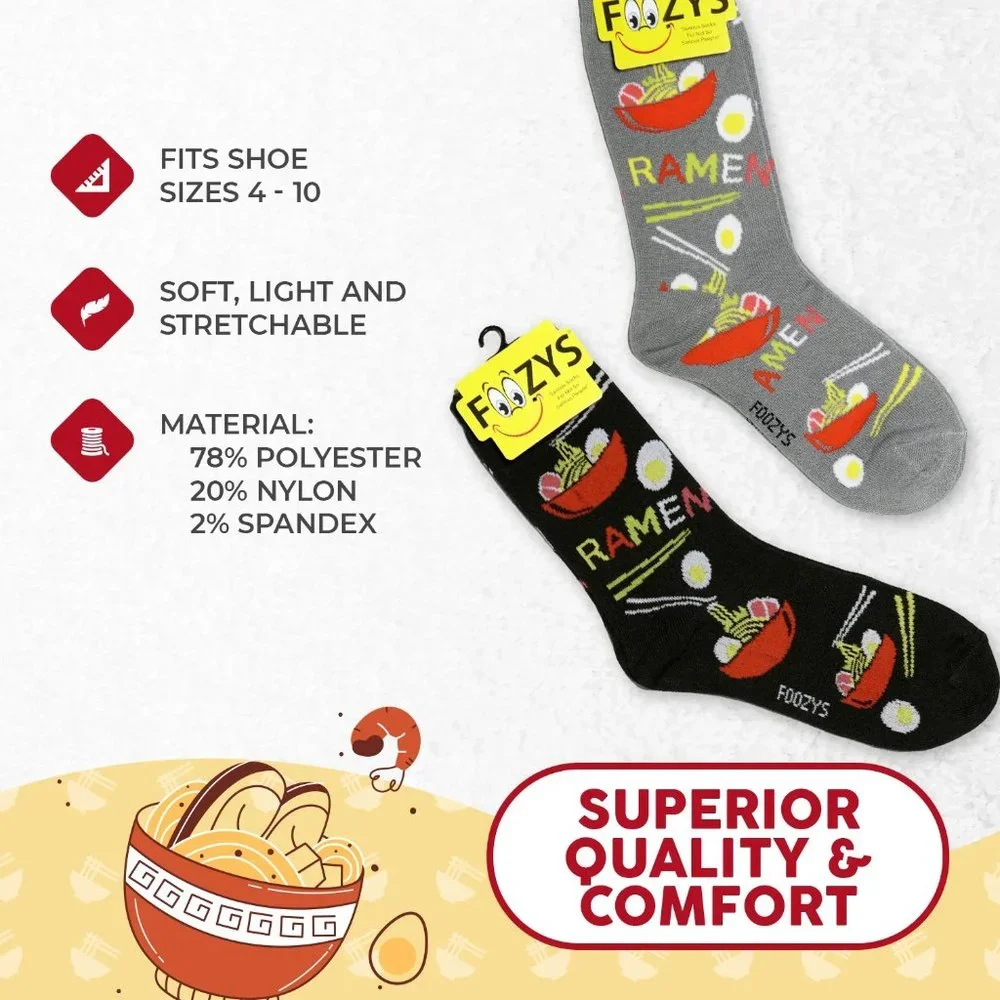 Ramen Noodles Soup Egg Stir Fry Chopsticks Fun Crew Socks Foozys Women's 2 Pair